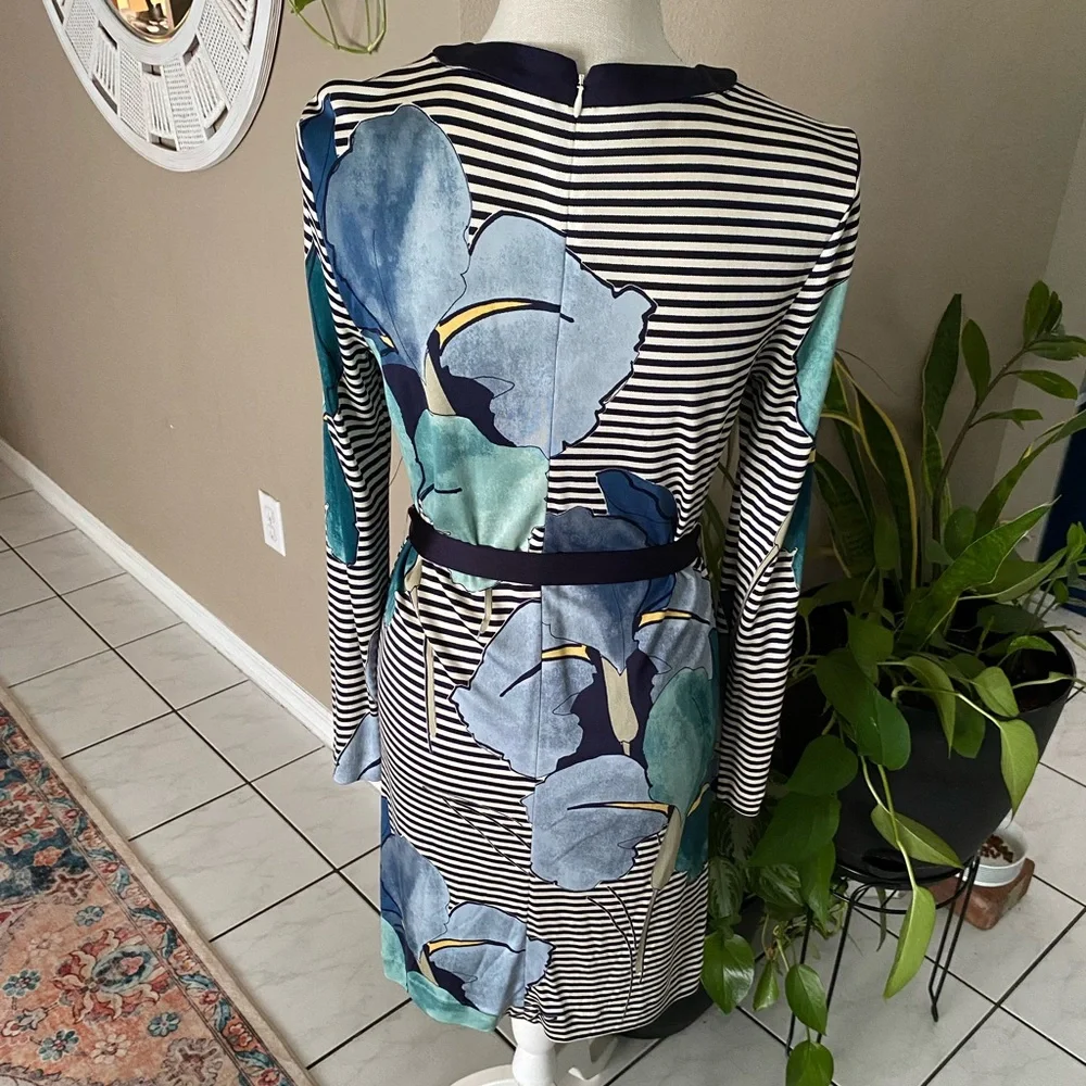 Tory Burch Silk LKNW Dress Long Sleeve Striped Floral Print Large Belted